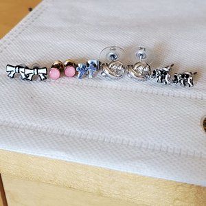 5 pairs of Stud Earrings Ribbon, Elephant, Rhinestone, Woven and Cross Casual